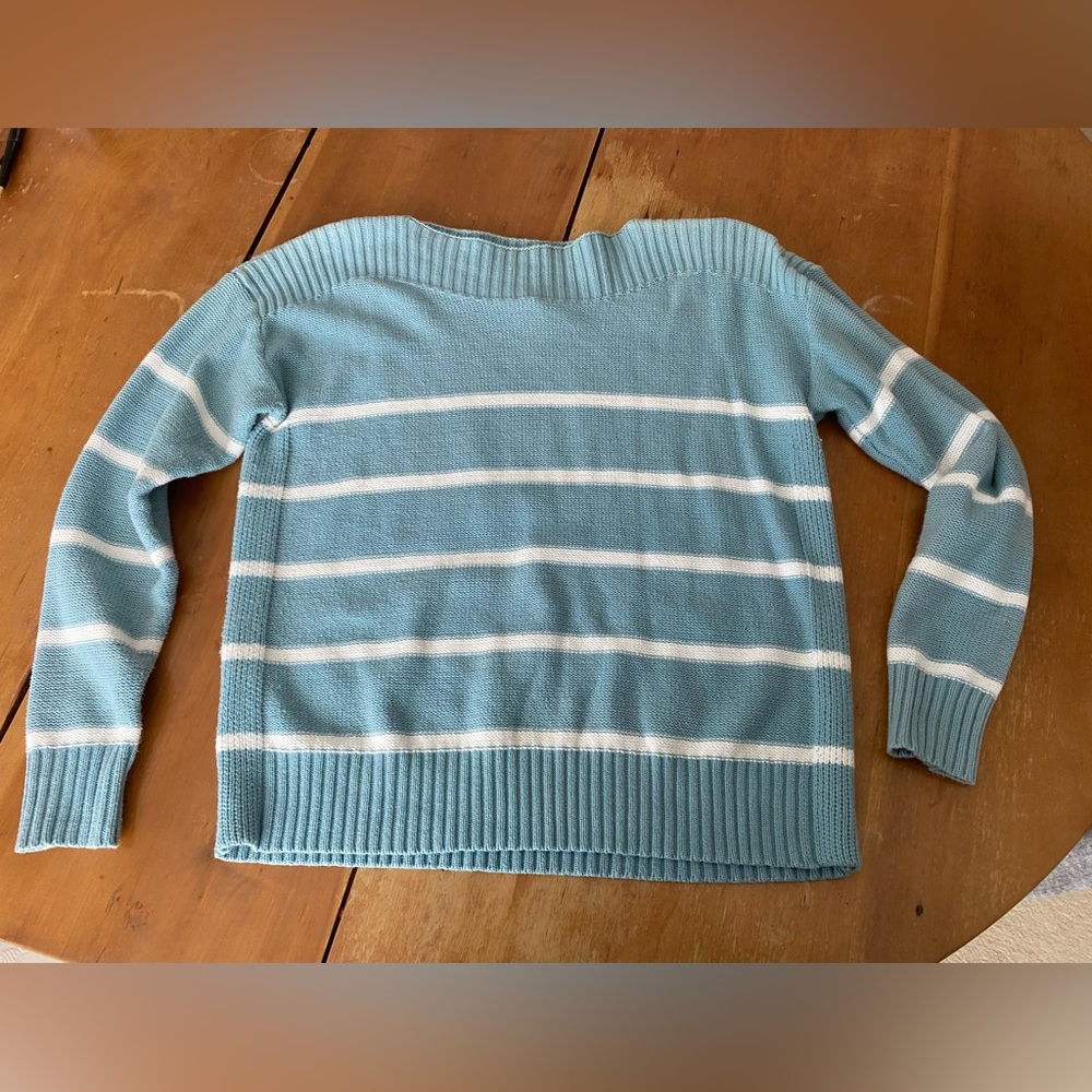 Nautical Preppy Teal White Breton Striped Sweater Boatneck Collar Cotton Blend M